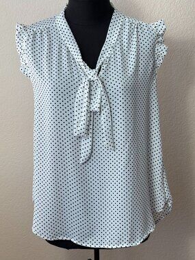 Jon & Anna Polka Dot Tie Neck Ruffle Sleeve Blouse Medium